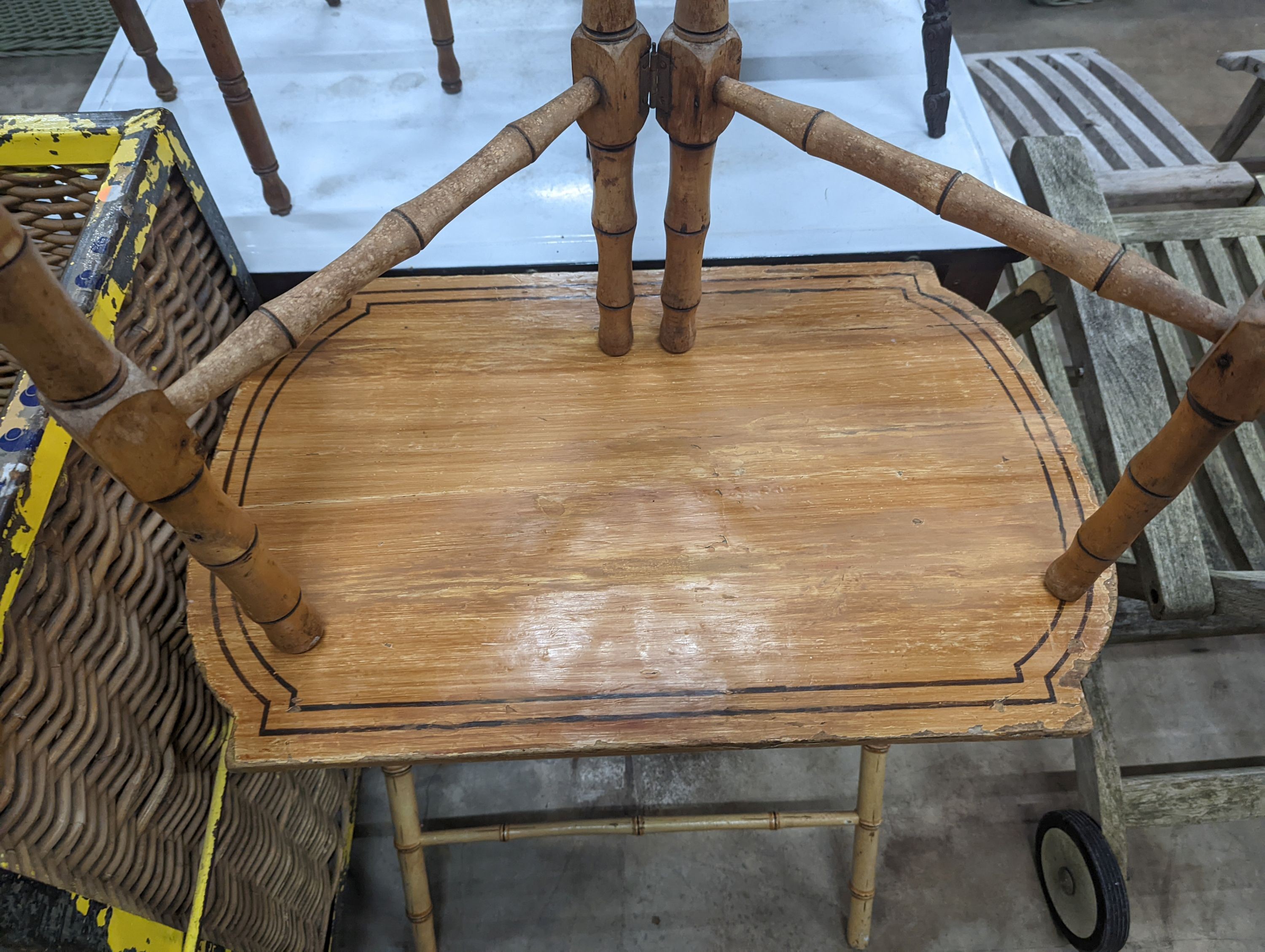 A Victorian simulated bamboo rectangular painted occasional table, width 71cm, depth 46cm, height 70cm together with a folding towel rail